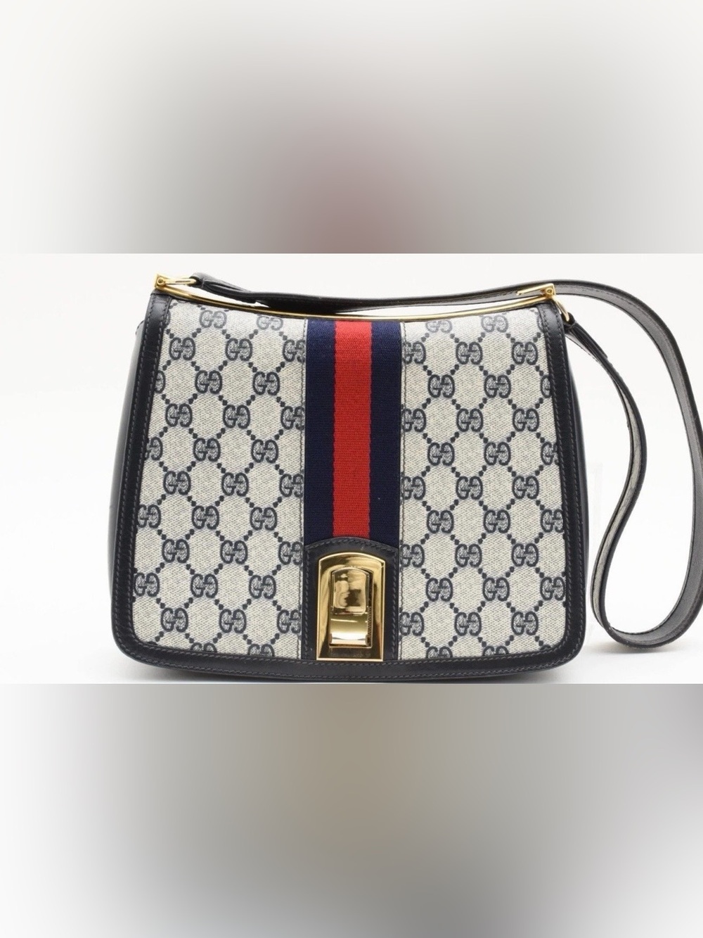 Gucci GG Supreme Canvas Shoulder Bag with Red and Navy Web Stripe Rare Vintage